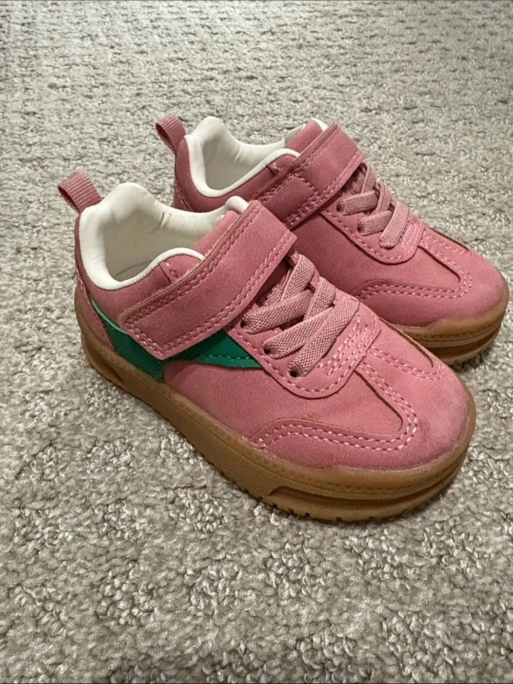 Kids Pink Suede Sneakers with Green Accent